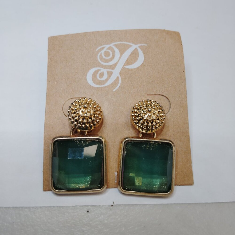 Plunder Design Emily Earrings Gold Tone Green Faceted Dangle Studs